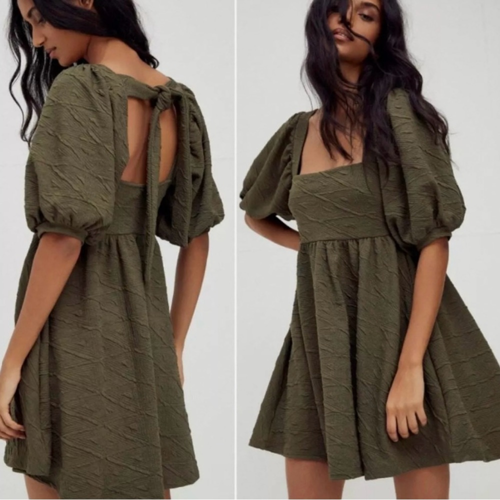 Free People Violet Mini Dress in Green Puff Sleeve Square Neck Size Medium M